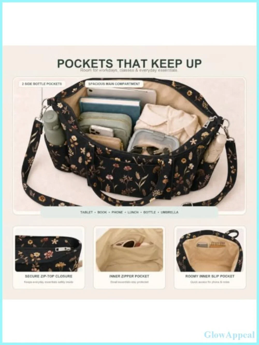 Corduroy Tote Bag Women Multi-Pocket Adjustable Strap Floral Print Laptop